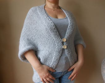 Oversized Blanket Sweater Hand Knit Cardigan Shrug Women's Sweater Gray