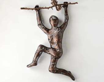 Metal wall art - Climbing man sculpture on tree branch - sports art - housewarming - wall decor