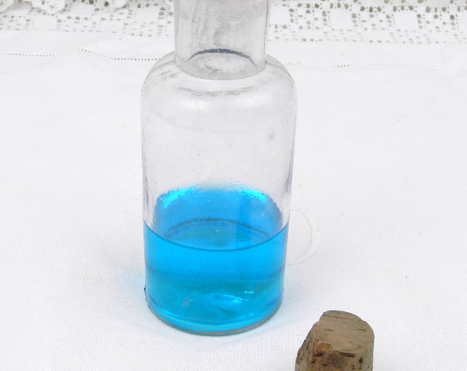 Small Antique French Clear Glass Apothecary Bottle with a Cork Stopper, Brocante Decor Vase from France ,Country Chemist Pharmacy,