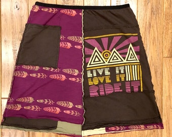 Upcycled skirt, women's upcycled boho clothing, music festival clothing, unique tshirt skirt, recycled skirt, repurposed