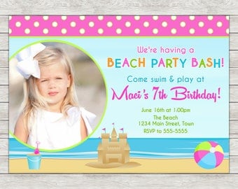 Beach Birthday Invitation, Beach Girl Invite - Printable File or Printed Invitations