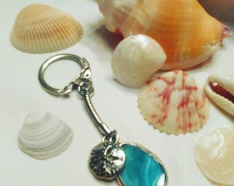 Handmade Blue Sea Glass Keychain with silver sand dollar charm, Yemeya inspired