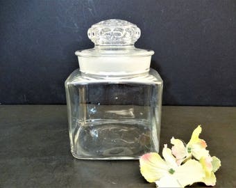 Vintage Glass Apothecary Jar - 4.5 inch - Square - Ground Glass Stopper - Thumbprint Lid - Kitchen Collectibles