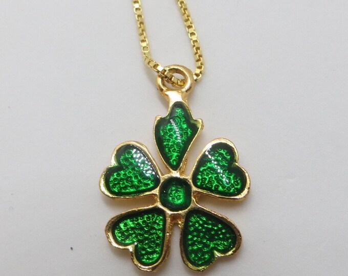 Lucky Shamrock Necklace, Enamel and Goldtone, St. Patricks Day Jewelry