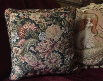 Country English Needlepoint floral Pillow