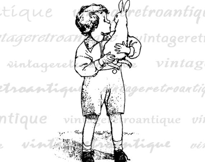 Digital Boy with Rabbit Image Printable Pet Bunny Graphic Download Antique Clip Art Jpg Png Eps HQ 300dpi No.3247