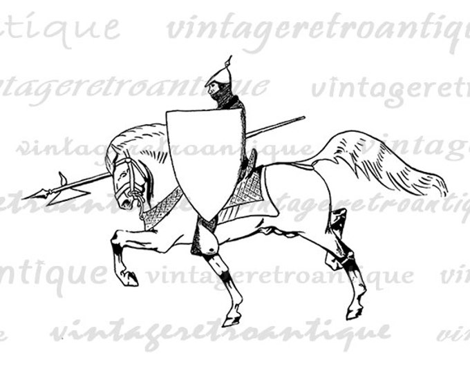 Knight on Horseback Image Printable Download Medieval Knight Graphic Digital Vintage Clip Art Jpg Png Eps HQ 300dpi No.4080