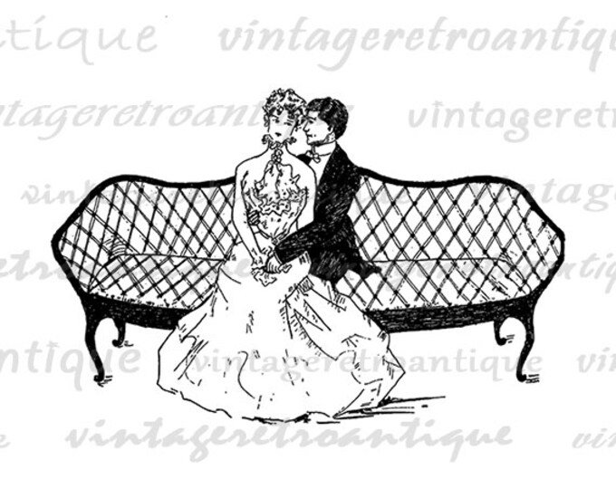 Digital Image Romantic Couple on Couch Download Love Romance Graphic Printable Antique Clip Art Jpg Png Eps HQ 300dpi No.4053