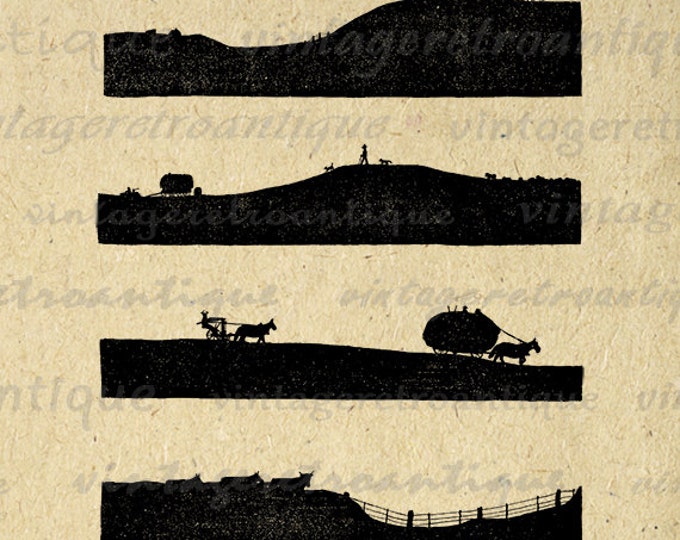 Farm Silhouettes Graphic Printable Download Farm with Cows and Horses Image Digital Jpg Png Eps HQ 300dpi No.3872