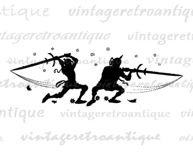 Printable Image Knights Sword Fight Silhouette Graphic Medieval Digital Download Vintage Clip Art Jpg Png Eps HQ 300dpi No.3142