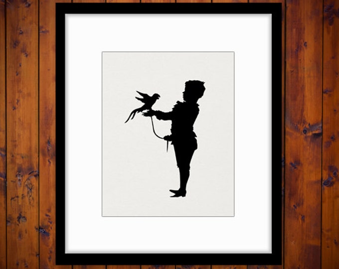 Printable Boy with Bird Silhouette Graphic Image Illustration Digital Download Vintage Clip Art Jpg Png Eps HQ 300dpi No.3358