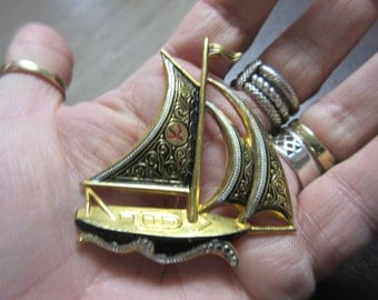 Big Damascene Ship Pin Brooch Signed Spain
