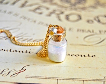 Pretty white sparkles bottle necklace, glass bottle necklace, vial necklace, coral necklace - bottle pendant, bottle necklace
