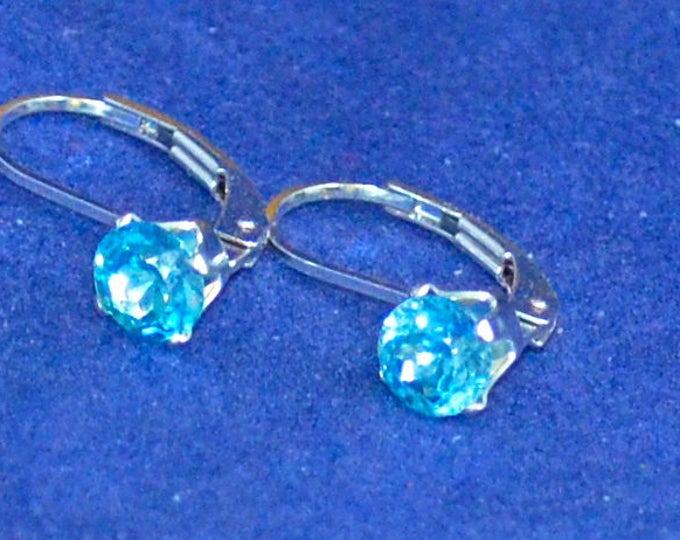 Blue Zircon Leverback Earrings,Small 4mm Round, Natural, Set in Sterling Silver E1045
