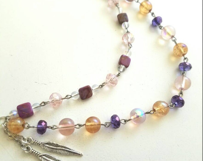 Pink Purple Amber Opal Stone Feather Beaded Multi Strand Chain Necklace