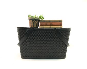 Vintage Black Woven Picnic Basket /Storage Basket / Hinged Lid / Rustic Farmhouse Decor / 1950s Redman