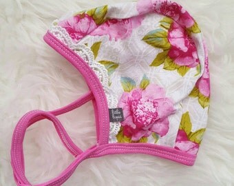 6-12 Mon Pink flower pilot hat by Little Lapsi. Baby hat with ties. modern hearing aid