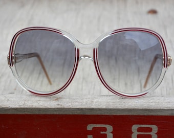 1970s Sunglasses Womens Made in France / Number 6 Oversized Sunnies / Clear Plastic Red White Trim