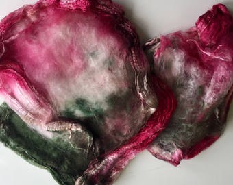 Hand dyed silk hankies (mawata) handpainted silk layers stretched from cocoons 1 oz.
