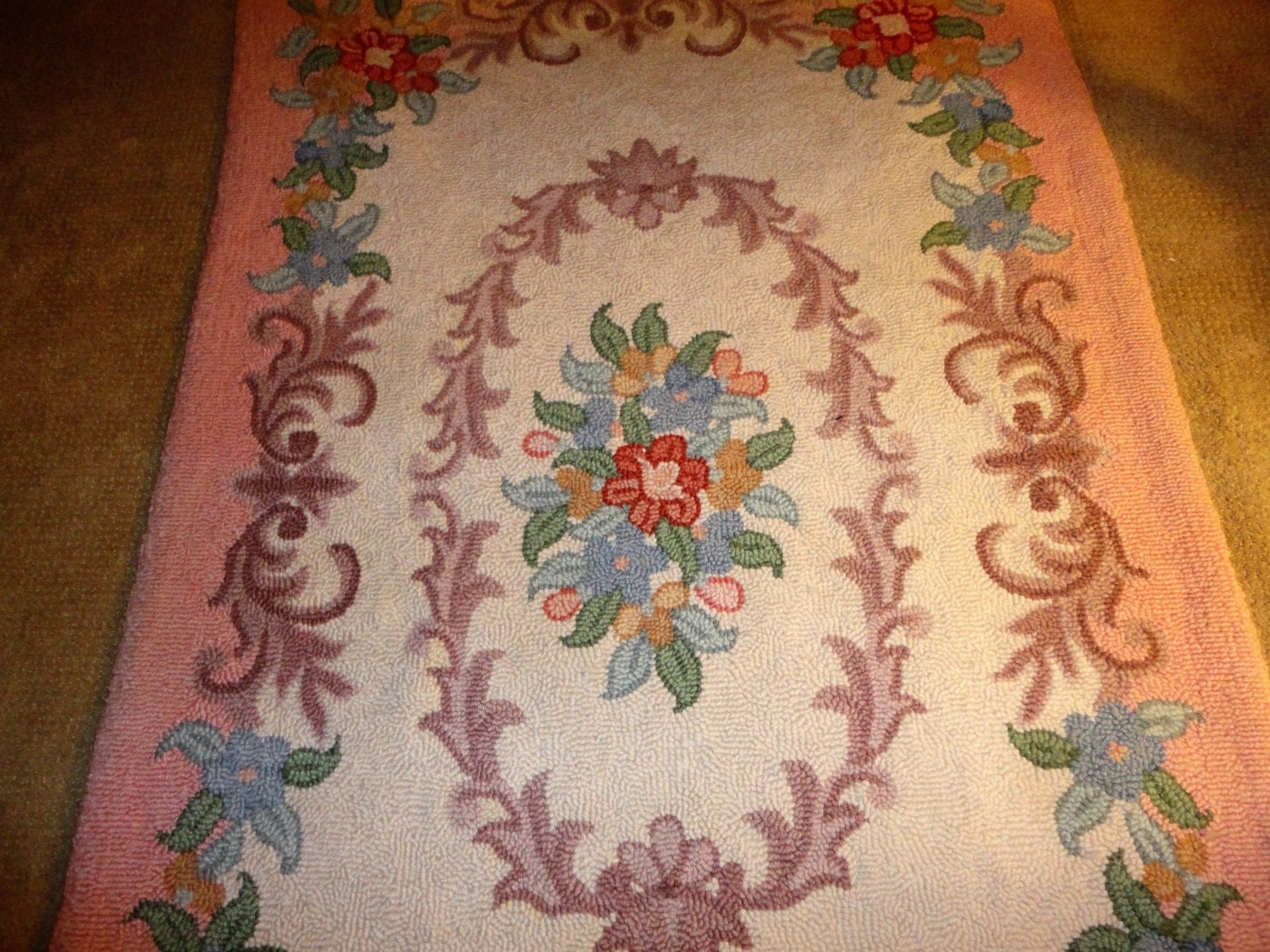 Vintage Hooked Floral Rug Wool Rectangular Area Rug Throw Rug