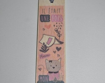 Bookmark wooden - pink-lilac kitten