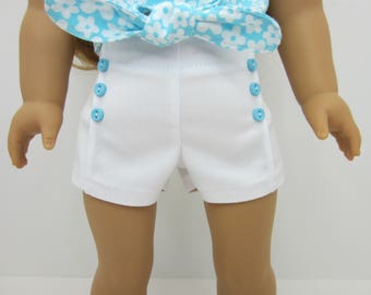 18 inch doll clothes - White pin tuck shorts with blue buttons.