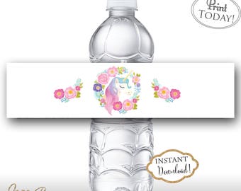 INSTANT DOWNLOAD - Floral Unicorn Water Bottle Labels - Glitter Pastel Unicorn Birthday - Rainbow Water Bottle Labels - Unicorn Label 0550