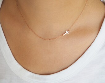 Rose Gold Cross Necklace, Off Side Cross Necklace, Rose Gold Necklace