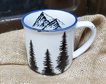 Trees & Mountains Mug 10oz / 280ml - Vintage Enamel Style Stoneware Coffee Mug with a Blue Rim