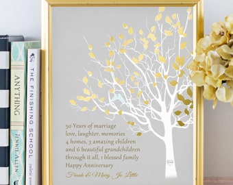 Golden Anniversary Family Tree Print Personalized 50th Anniversary Gift for Parents Customized Keepsake Gift Love Story Faux Gold Gray