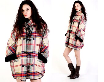 Vintage Plaid Coat / Pia Rucci / Oversized Coat / Shearling Coat / Colorblock Coat / Wool Coat / Women Coat One Size