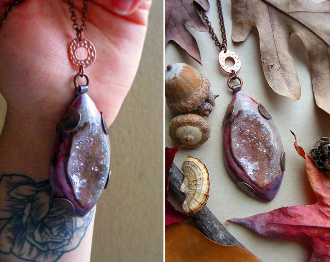 Necklace "Galaxy" No. 1 with purple-pink-beige druzy Agate set in handcrafted rustic copper bezel on a hammered ring. Custom length chain.