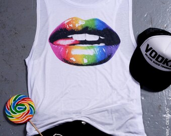 Gay Pride Tank Top - Glossy Rainbow Lips - Pride Shirt, LGBT Shirt, Gay Pride Shirt, Womens Clothing, Pride Tank Top, Womens Muscle Tank Top