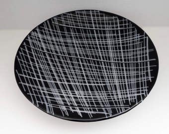 Fused Glass Plate or Platter Blue Streaky White with Black