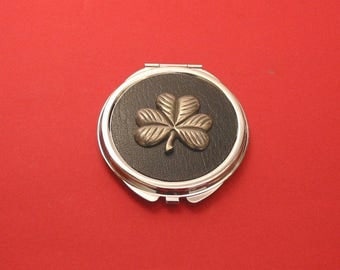 Shamrock Pewter Motif On Black Round Compact Mirror St Patrick's Day Irish Good Luck Gift Christmas Gift