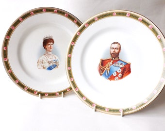 A Pair George V 5th 1911 Coronation Plates, Antique King of England Souvenir, British Royal Family, Royalty, Queen Mary, Collectors Plate