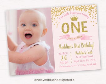 Princess birthday Invitation, Pink and Gold Glitter Princess Crown Invitation, Gold confetti Invitation, Sweet Princess Invitation
