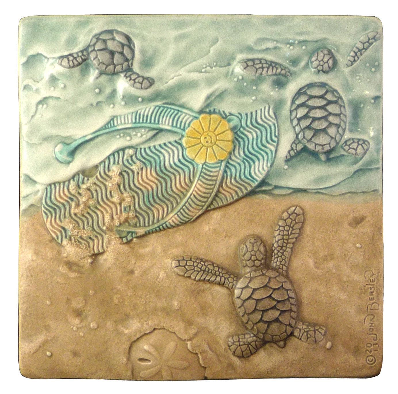 art tile Ceramic baby sea turtle sculpture running over