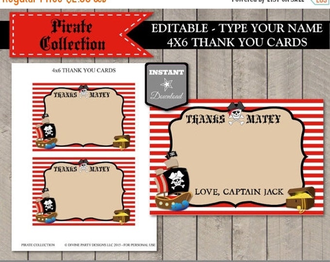 SALE INSTANT DOWNLOAD - Editable Pirate Thank You Cards / Printable 4x6 / Add Your Name / Pirate Collection / Item #804
