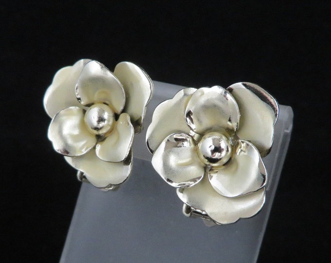 Coro Flower Earrings, Vintage Gold Clip on Earrings, Brushed and Polished Floral Signed Designer Jewelry, FREE SHIPPING