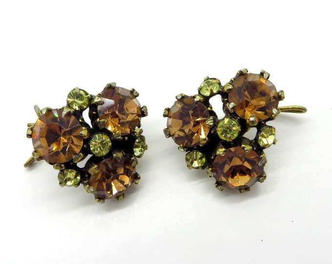 Vintage Orange and Green Rhinestone Wingback Earrings