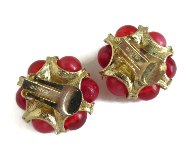 ON SALE! KRAMER Red Bead Cluster Earrings, Vintage Gold Tone Clip-on Earrings Designer Signed Costume Jewelry Gift Idea