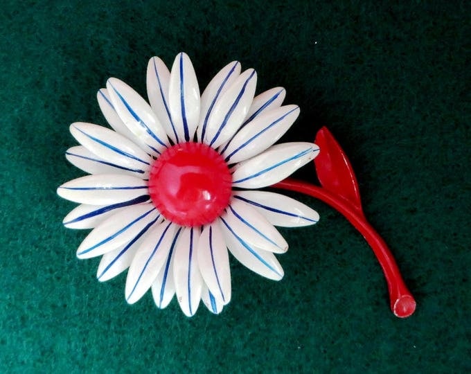 Vintage Red White Blue Enamel Daisy Pin, 1960s Flower Brooch Retro Flower Spring Summer Jewelry