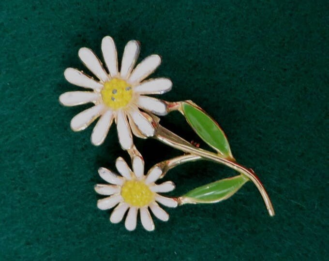 Vintage Enamel Daisy Brooch, Double Flower Pin, Estate Costume Jewelry