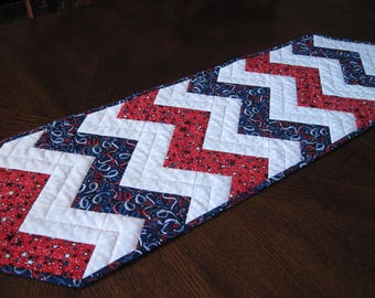 Patriotic Zigzag Quilted Table Runner - red, white, and blue table runner in chevron design