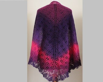 Hand knit triangular lace wool shawl
