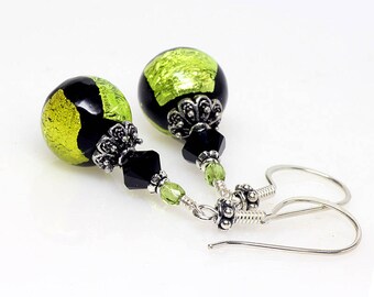 Green, Black, Venetian Murano Glass Earrings, Peridot, Lime, Murano Glass Earrings, Sterling Silver, Italian Artisan, Lampwork Earrings