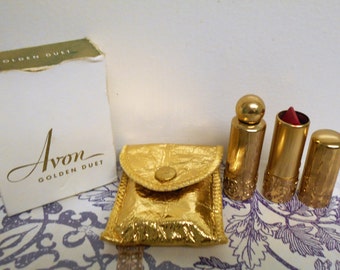 vintage 1940s Avon Golden Duet. Pink Triumph lipstick, Golden Promise perfume, glamorous carrying pouch and box.