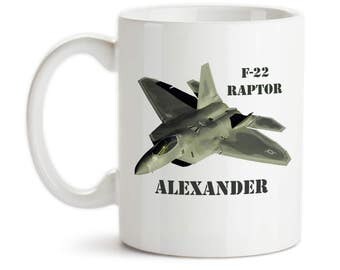 Coffee Mug, Personalized Monogram F-22 Raptor Jet Plane, Pilot, Military, Airforce, Masculine, Manly, Gift Idea, Large Coffee Cup