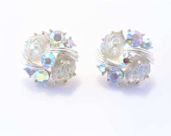 Lisner Vintage Art Glass and Rhinestone Earrings Screw On